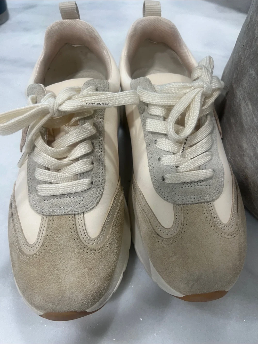 Tory Burch Neutral Beige and Cream Good Luck Trainer Sneakers